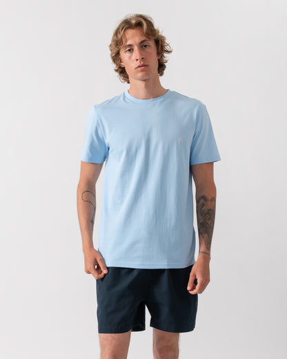 model wearing a Joules Mens Everyday T-Shirt in Light Blue