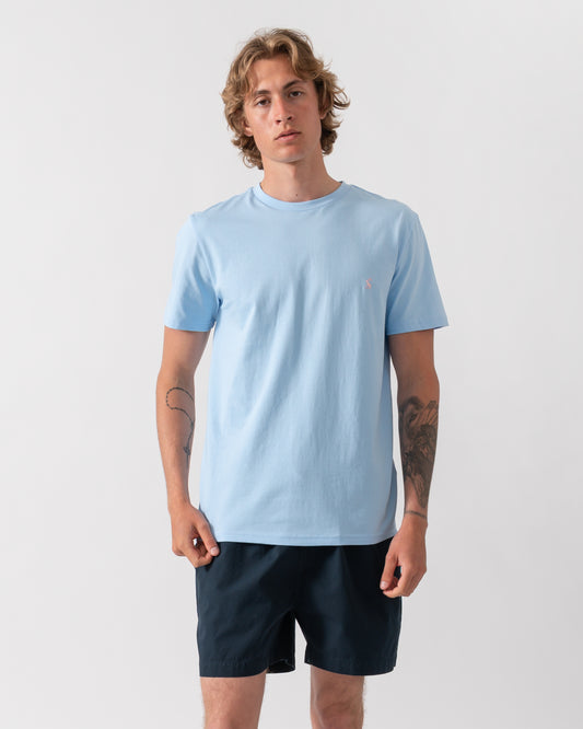 model wearing a Joules Mens Everyday T-Shirt in Light Blue