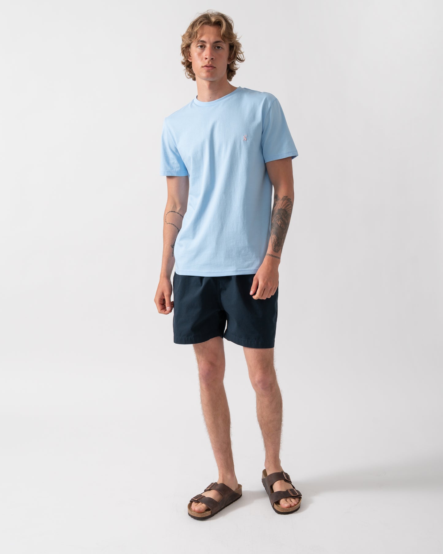 full length shot of model wearing a Joules Mens Everyday T-Shirt in Light Blue