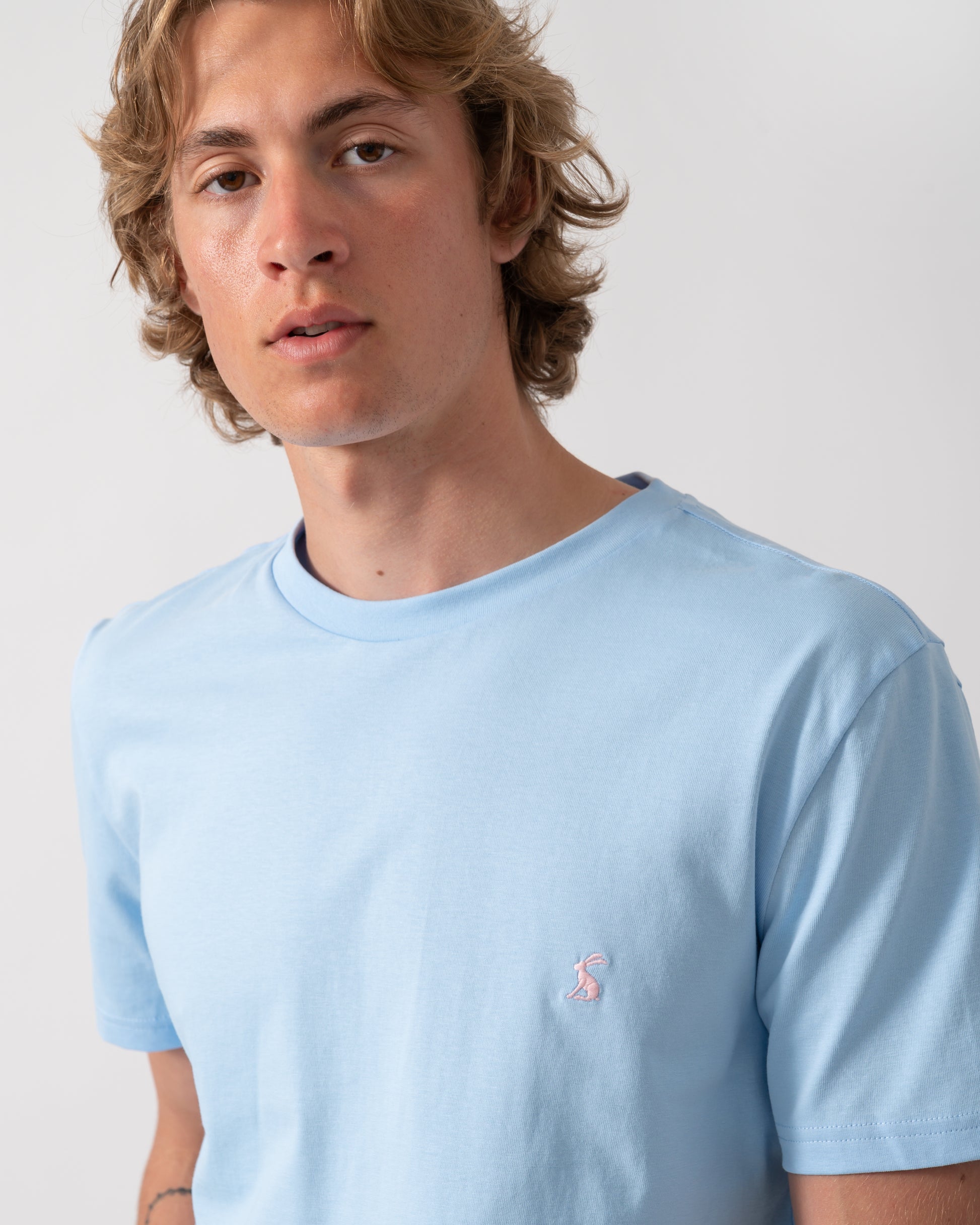 close up shot of model wearing a Joules Mens Everyday T-Shirt in Light Blue