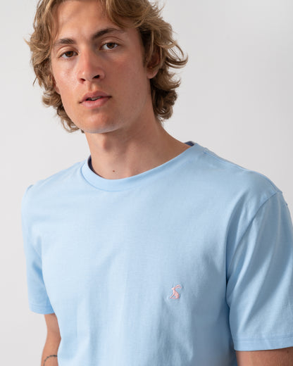 close up shot of model wearing a Joules Mens Everyday T-Shirt in Light Blue