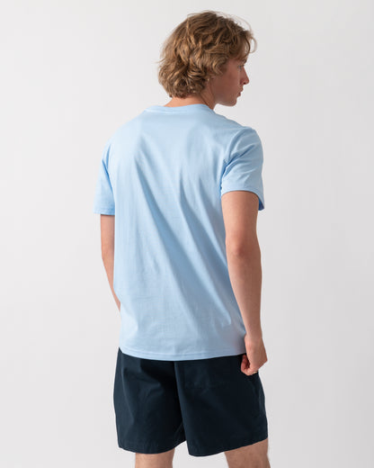 back shot of model wearing a Joules Mens Everyday T-Shirt in Light Blue