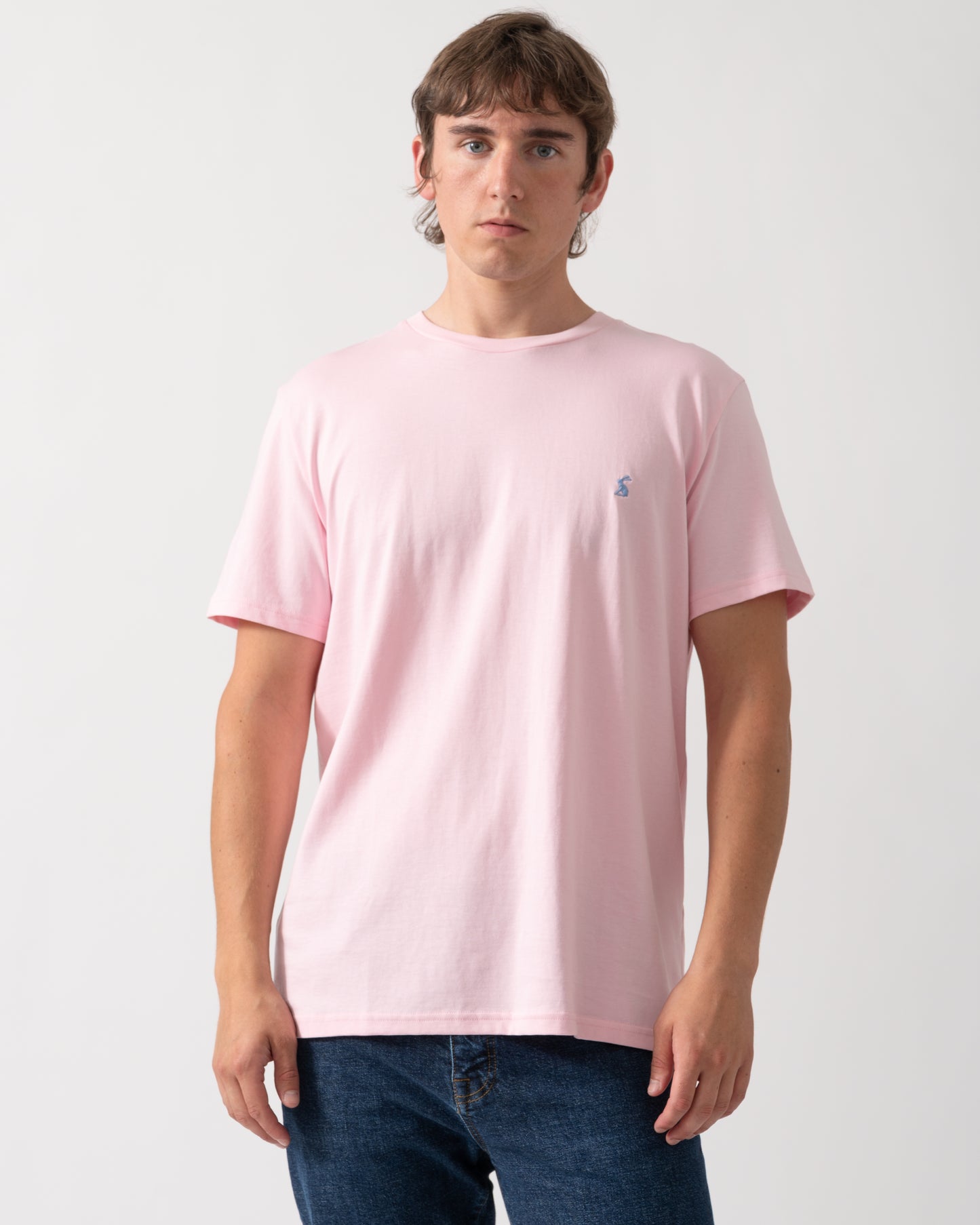 model wearing a Joules Mens Everyday T-Shirt in Pink
