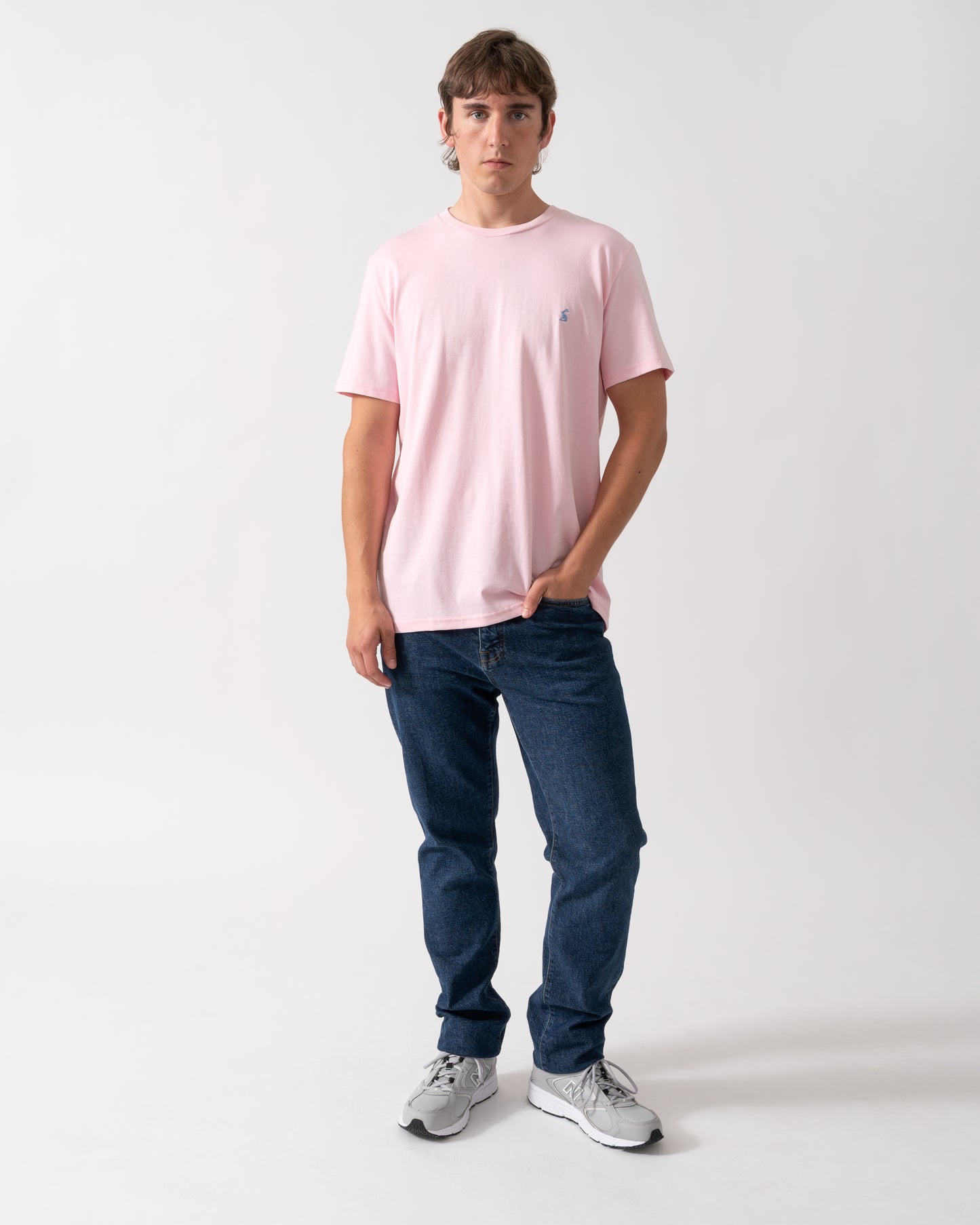 full length shot of a model wearing a Joules Mens Everyday T-Shirt in Pink