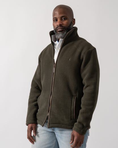 model wearing a Joules Mens Heritage Full Zip Fleece in Dark Green
