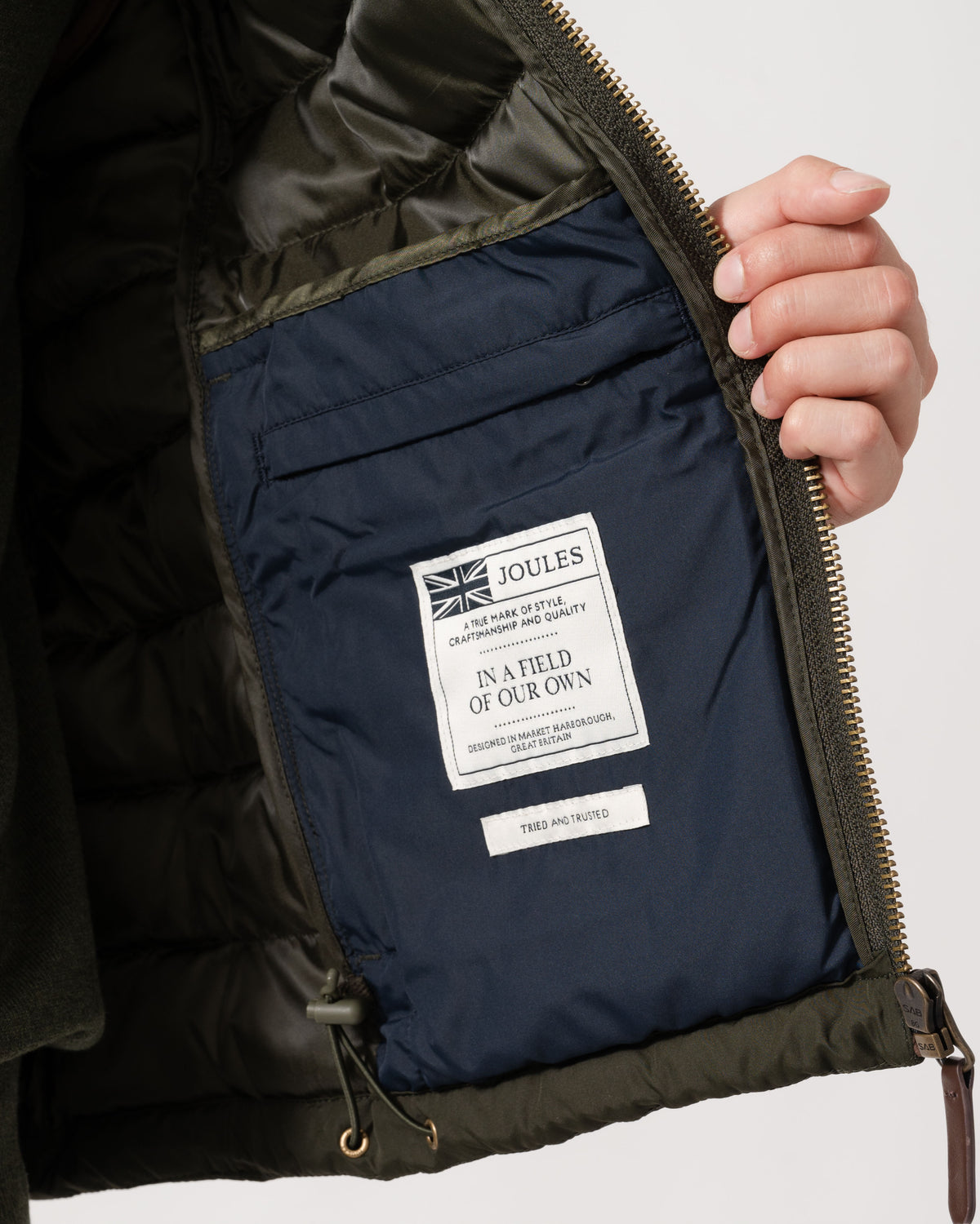 Inside pocket on the Joules Mens Heritage Padded Gilet - Green