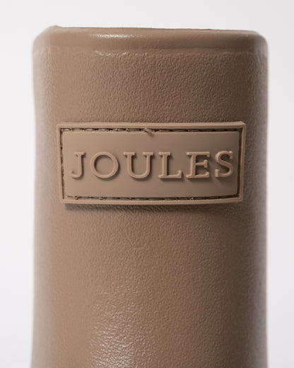 logo detail of a pair of Joules Raindance Womens Short Wellies in Mink Brown