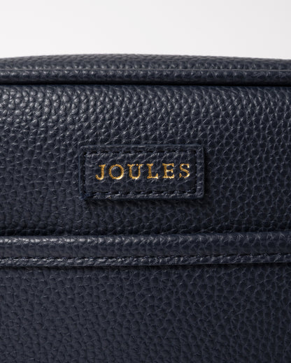 close up detail of a Joules Trent Womens Faux Leather Crossbody Bag in Navy