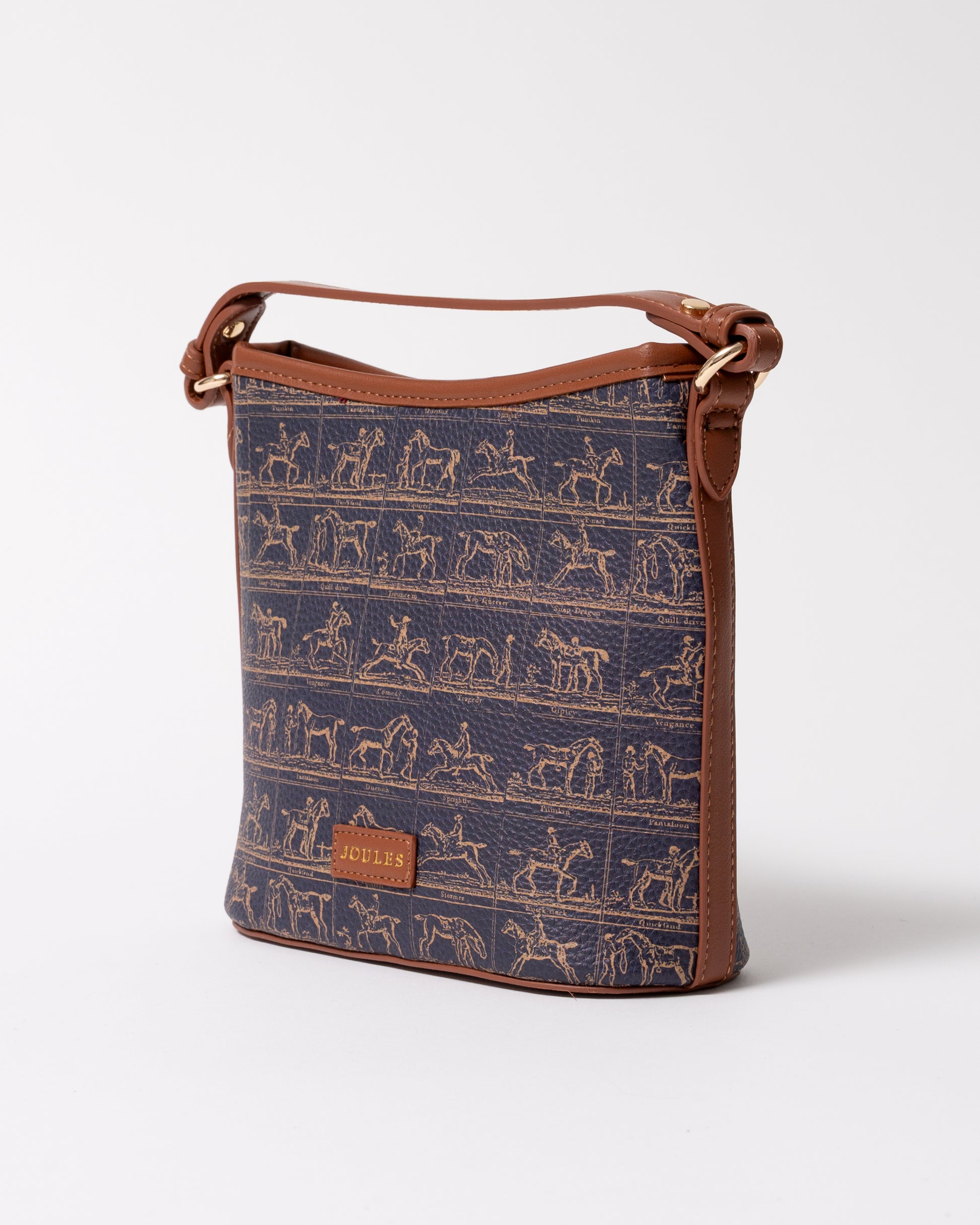 side view of a Joules Womens Bucket Bag in Navy Horse