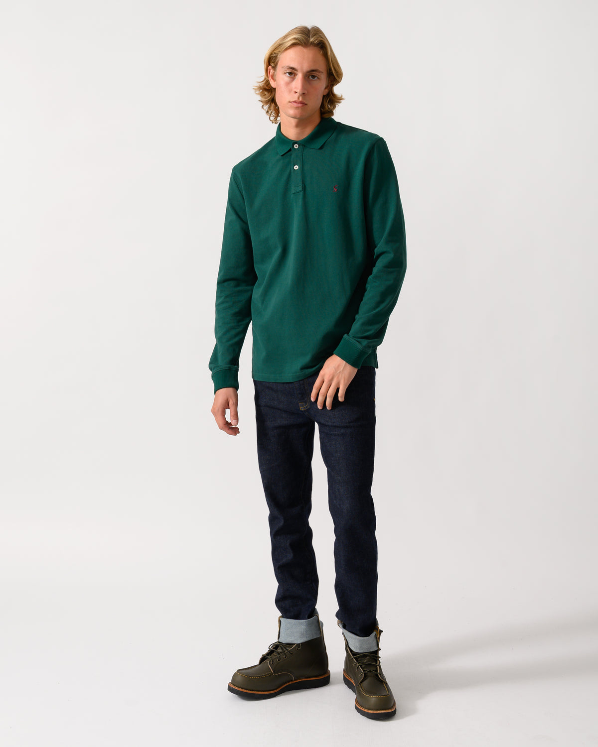 Joules Woody Mens Long Sleeve Polo Shirt - Green | CHO | Designer Mens Long Sleeve Polo Shirts