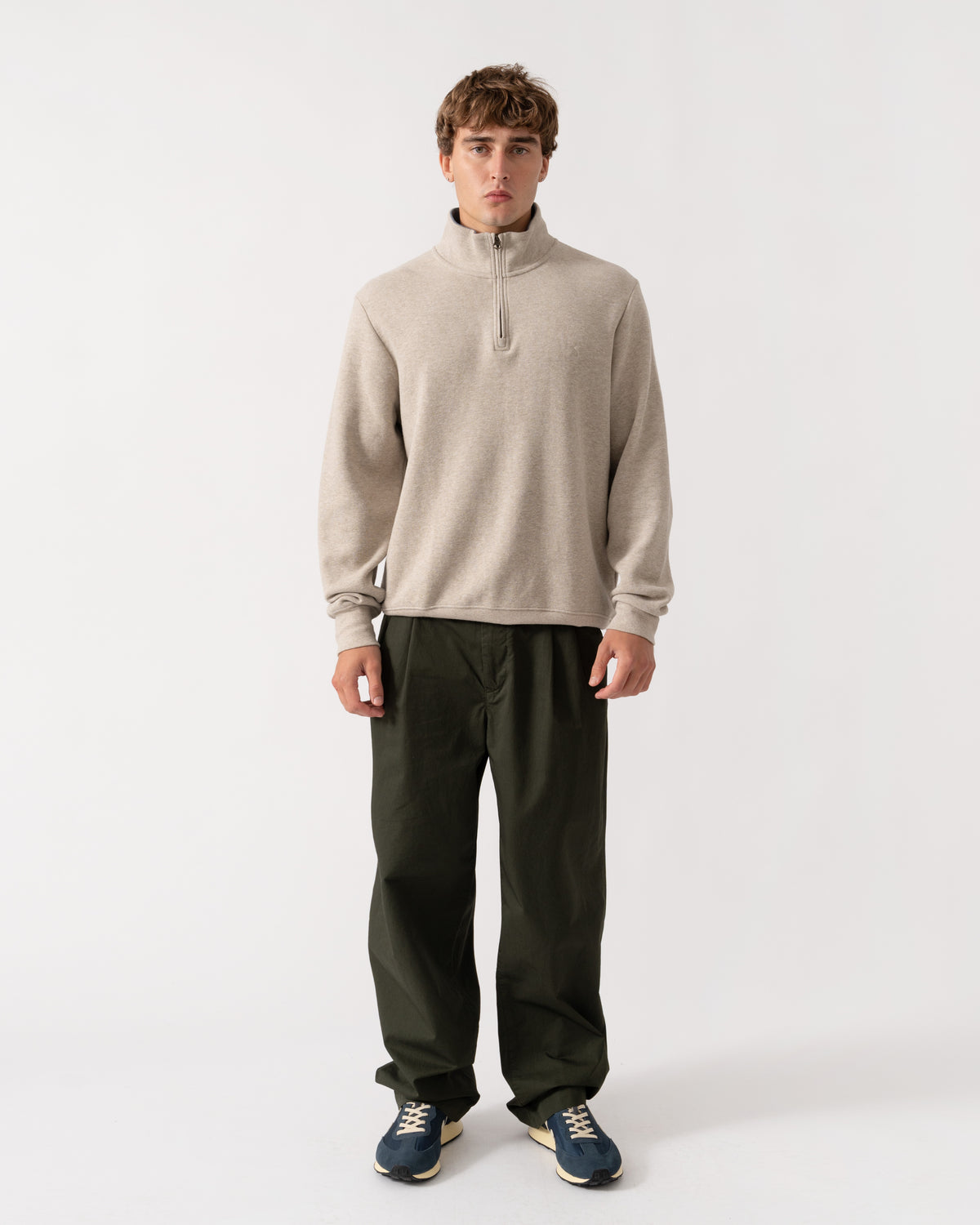 Outfit shot of Joules Alistair Mens 1/4 Zip Sweatshirt - Oatmeal