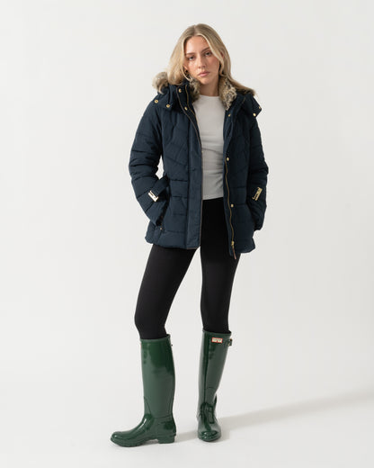 Model wearing the Joules Aspen Womens Parka - Navy