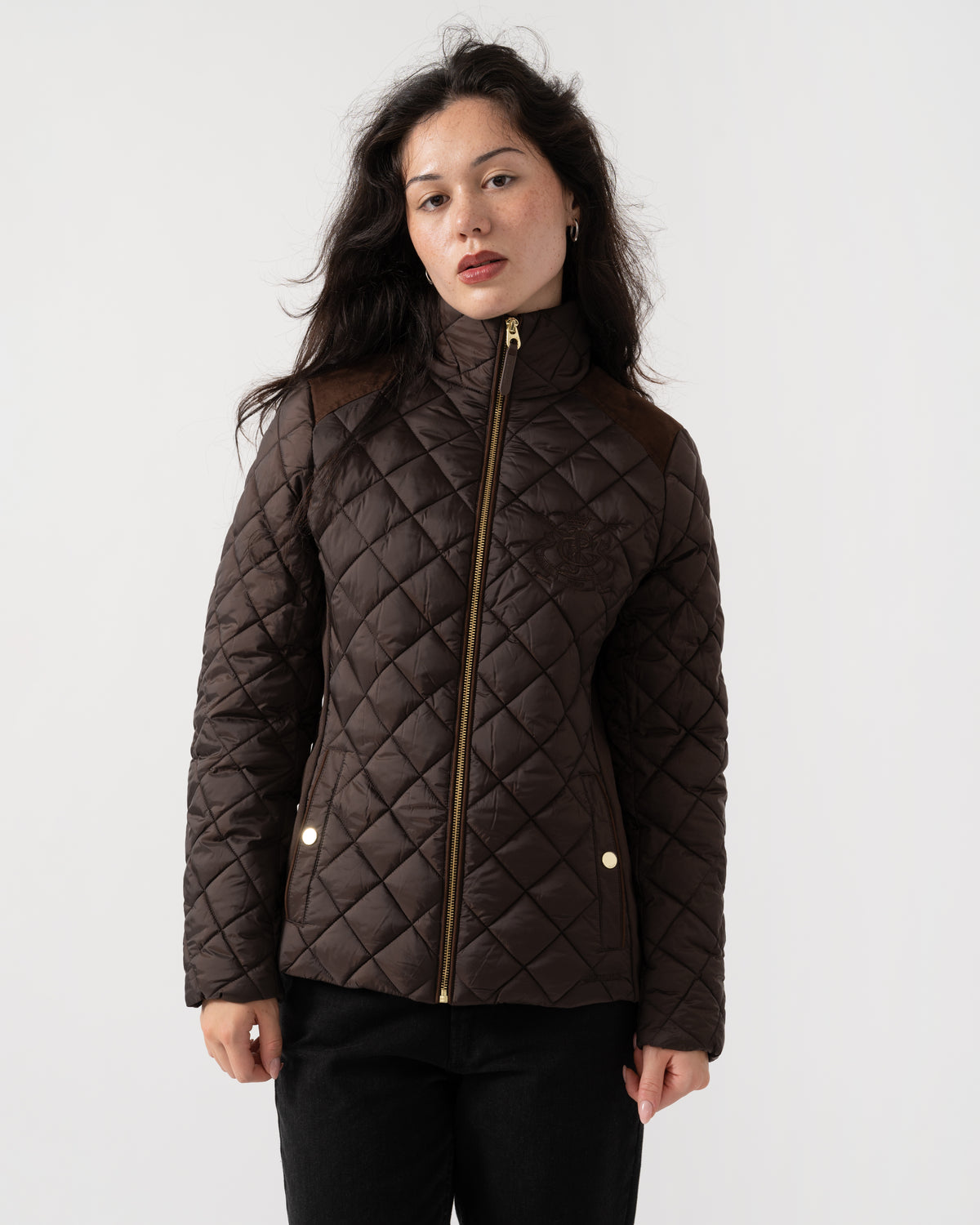 Front of Joules Braemar Luxe Womens Quilted Jacket - Chocolate Brown