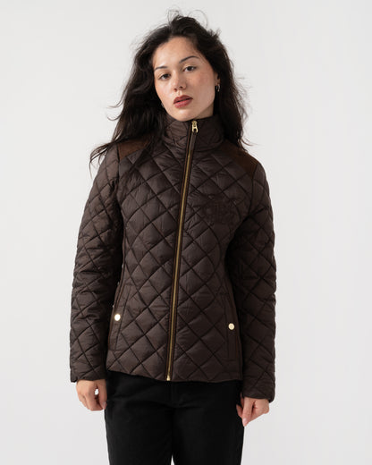 Front of Joules Braemar Luxe Womens Quilted Jacket - Chocolate Brown