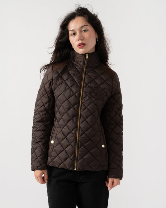Front of Joules Braemar Luxe Womens Quilted Jacket - Chocolate Brown