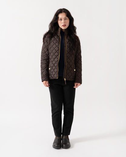 Outfit shot of Joules Braemar Luxe Womens Quilted Jacket - Chocolate Brown