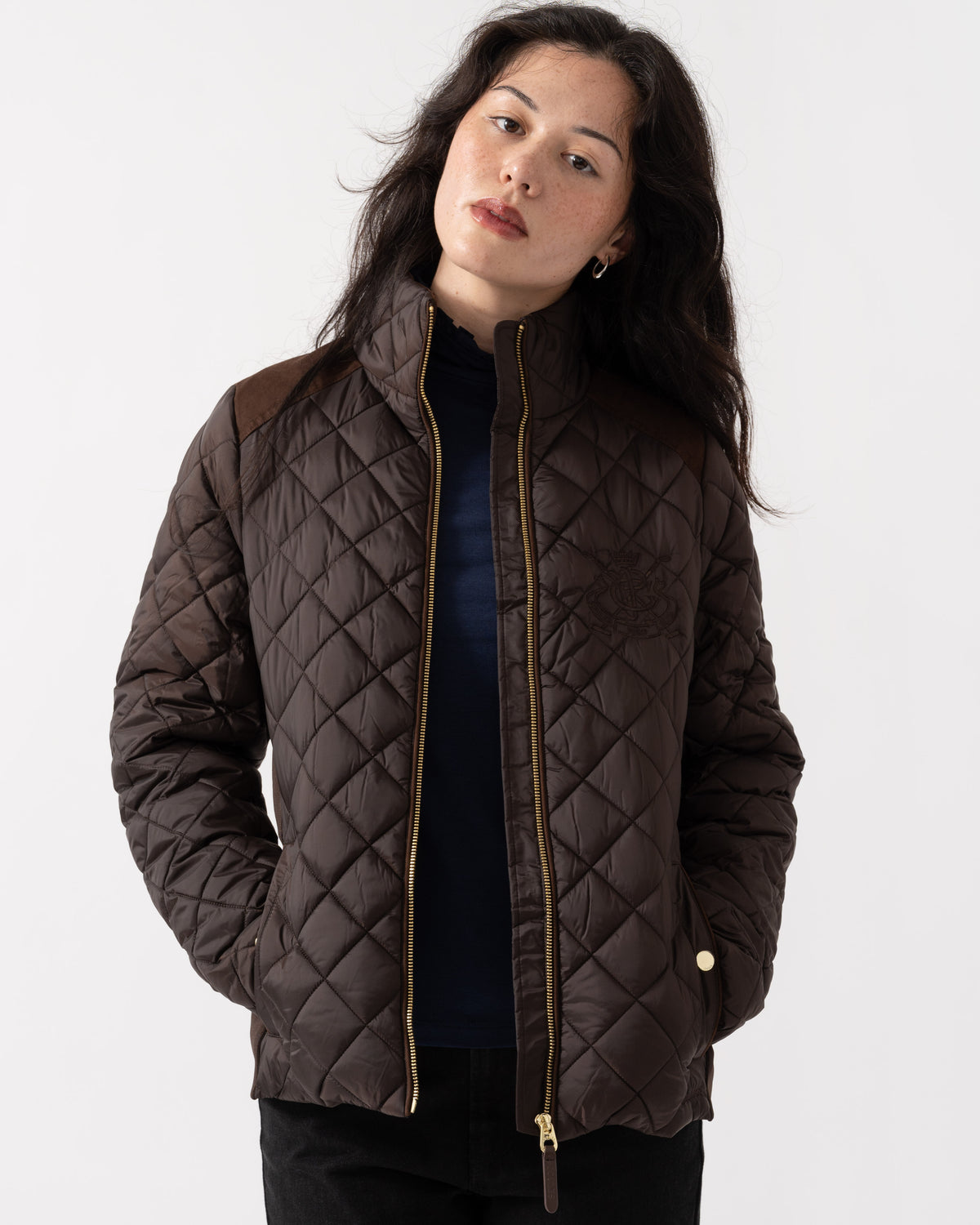 Unzipped jacket of Joules Braemar Luxe Womens Quilted Jacket - Chocolate Brown