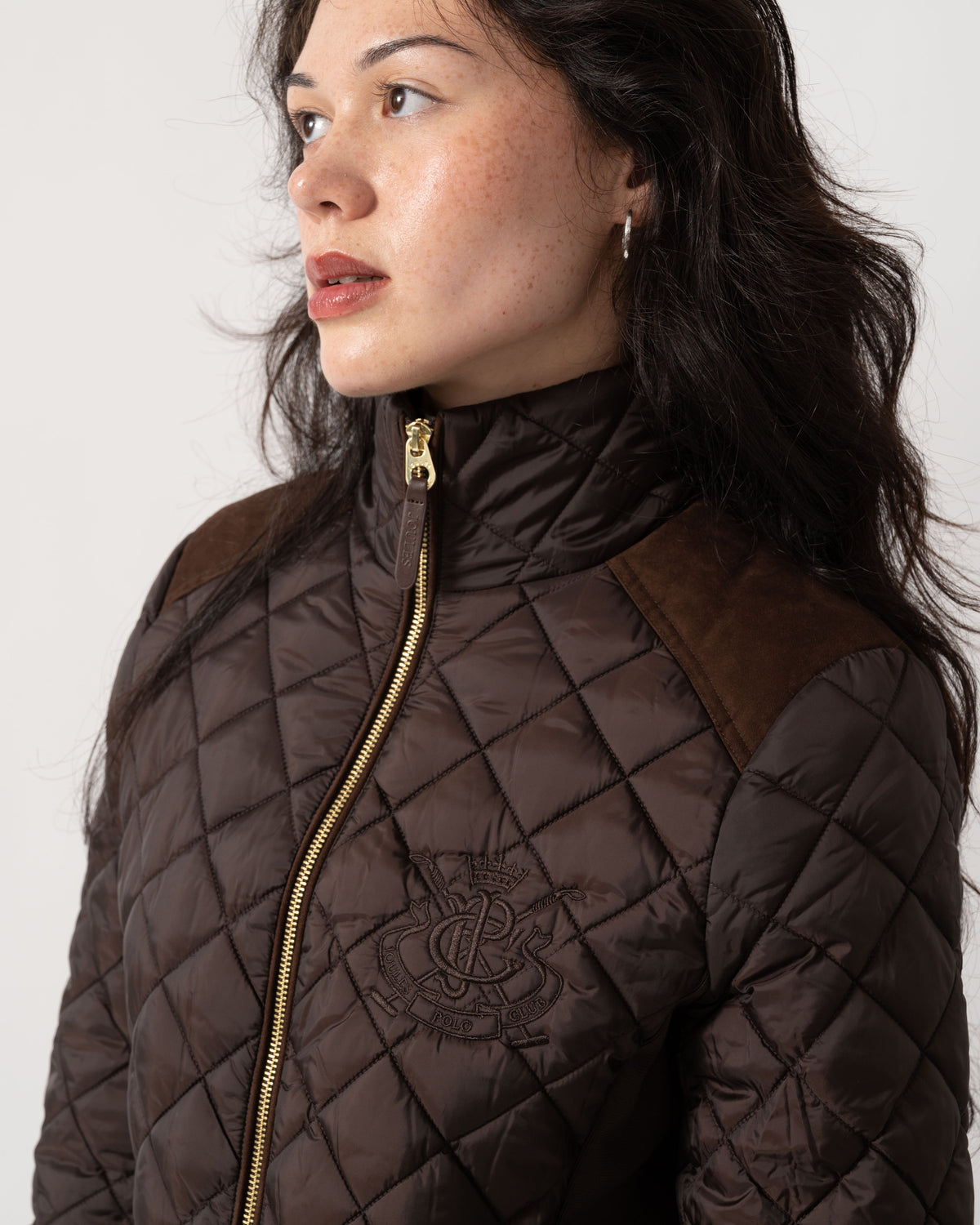 Close up of Joules Braemar Luxe Womens Quilted Jacket - Chocolate Brown
