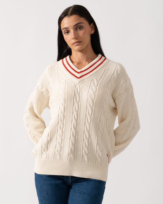 Joules Dibly Womens V-Neck Cable Knit Jumper - Cream/Red