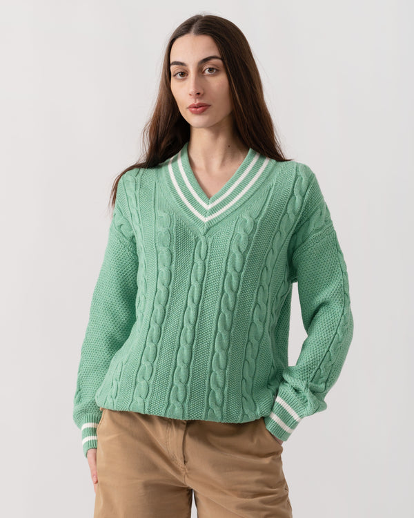 Joules Dibly Womens V-Neck Cable Knit Jumper - Green