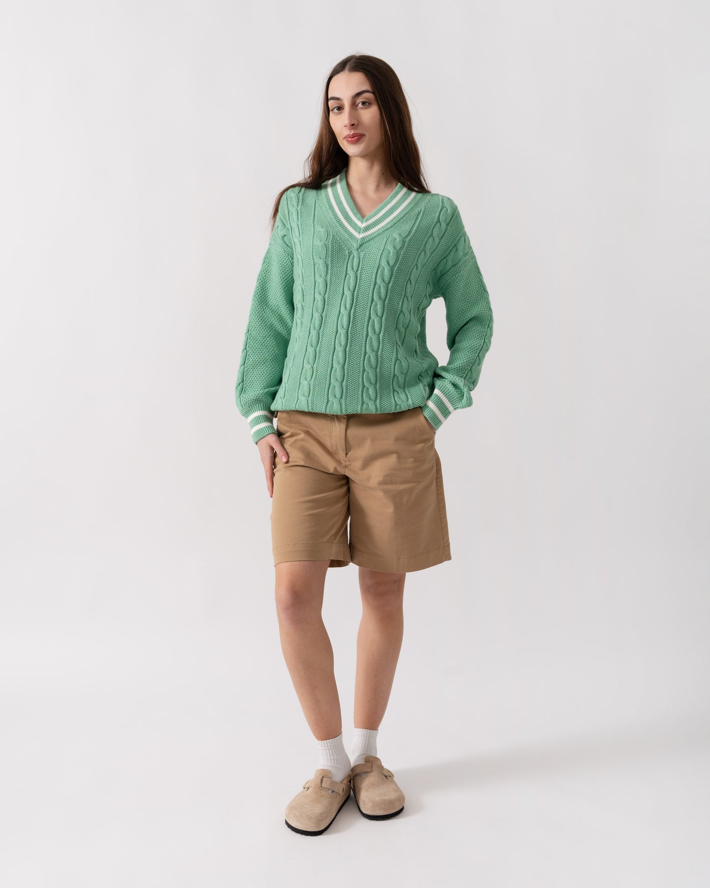 Joules Dibly Womens V-Neck Cable Knit Jumper - Green