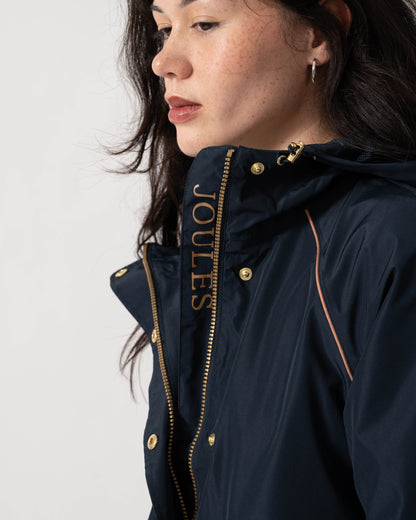 Logo close up of the Joules Everdry Womens Packable Raincoat - Navy
