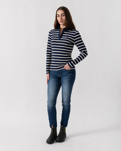 Joules Fairfield Womens Ribbed Polo - Navy/Cream Stripe