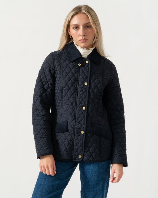 Front of the Joules Highclere Womens Showerproof Diamond Quilted Jacket - Navy