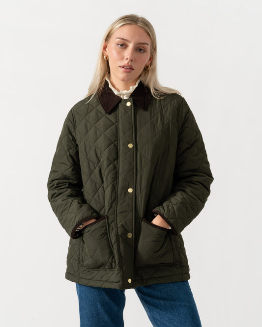 Front of the Joules Highgrove Womens Showerproof Diamond Quilted Jacket - Khaki Green