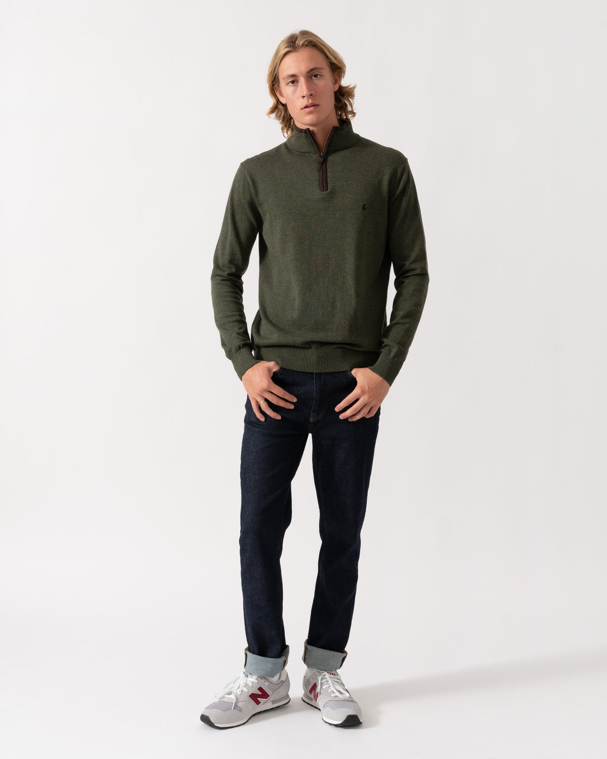 Model wearing the Joules Hillside Mens 1/4 Zip Jumper - Khaki Green
