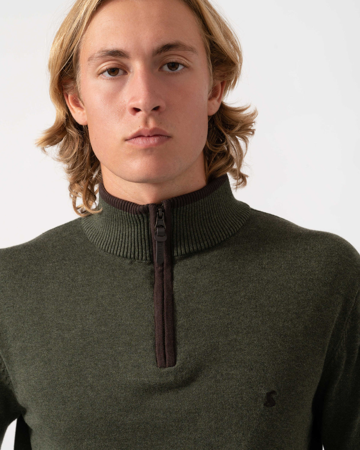 Close up of the Joules Hillside Mens 1/4 Zip Jumper - Khaki Green