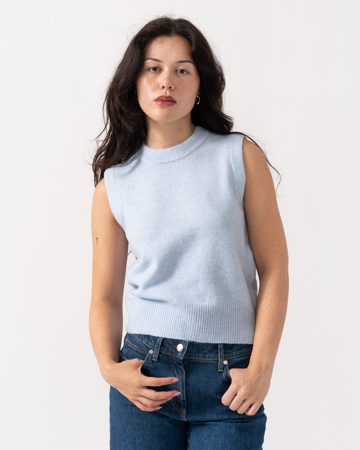Front of Joules Holly Womens Crew Neck Knit Tank Top - Light Blue