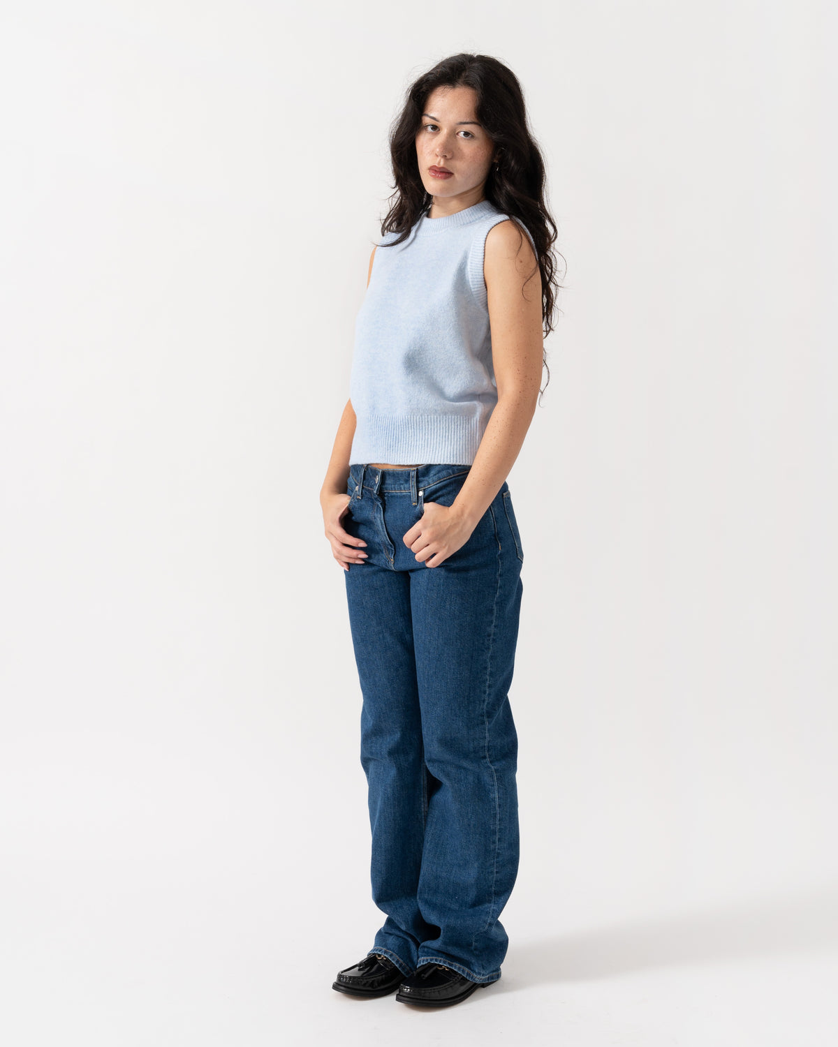 Woman wearing Joules Holly Womens Crew Neck Knit Tank Top - Light Blue