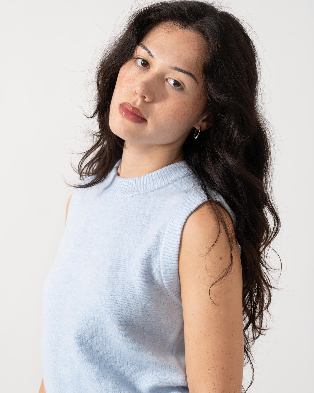 Close up of Joules Holly Womens Crew Neck Knit Tank Top - Light Blue