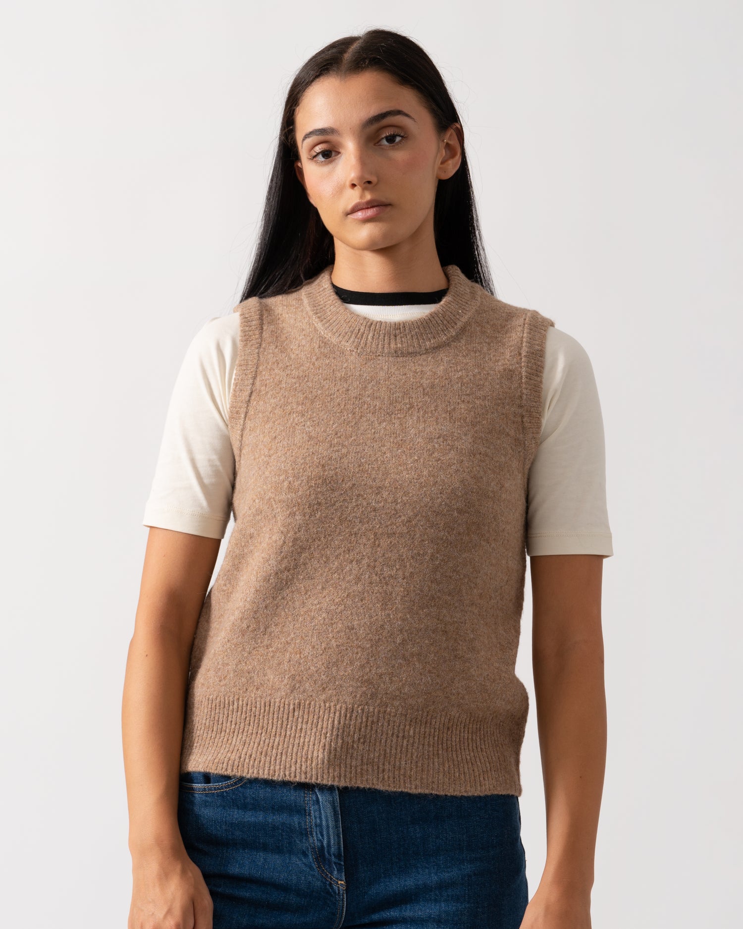 Joules Holly Womens Crew Neck Knit Tank Top - Tan Brown - CHO - Designer Womens Jumpers