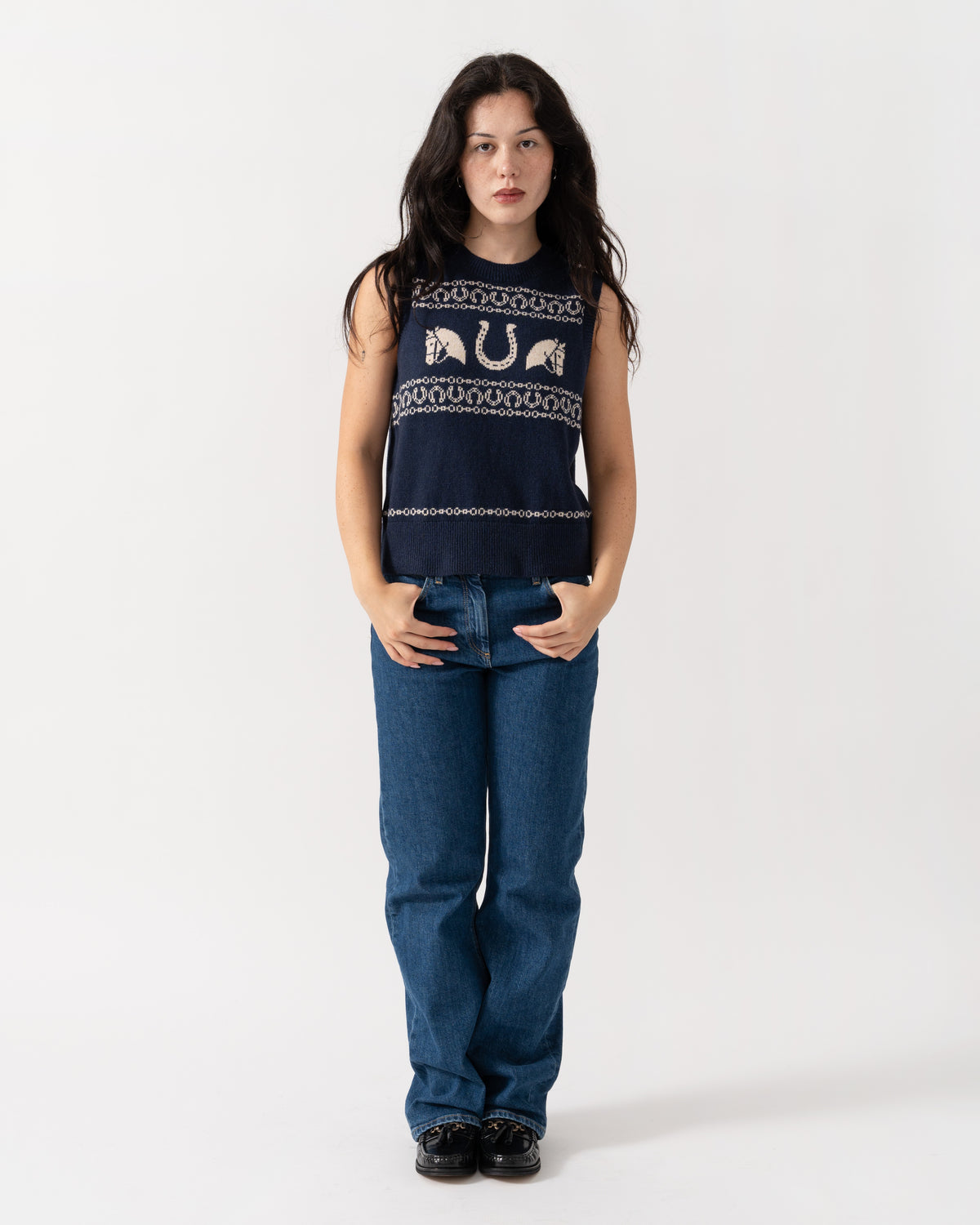 Model wearing the Joules Horse Icon Womens Knit Tank Top - Navy