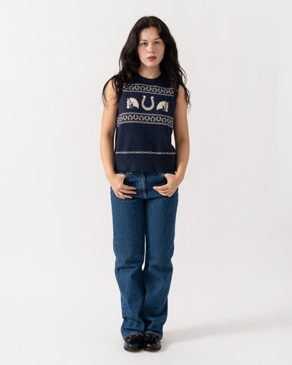 Model wearing the Joules Horse Icon Womens Knit Tank Top - Navy
