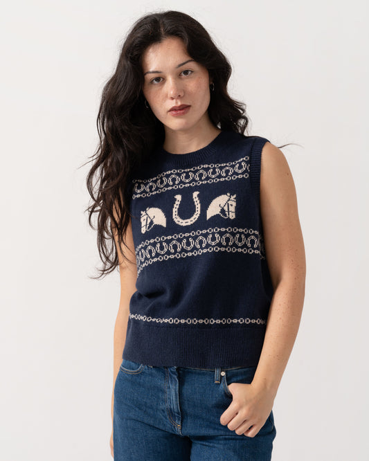 Front of the Joules Horse Icon Womens Knit Tank Top - Navy