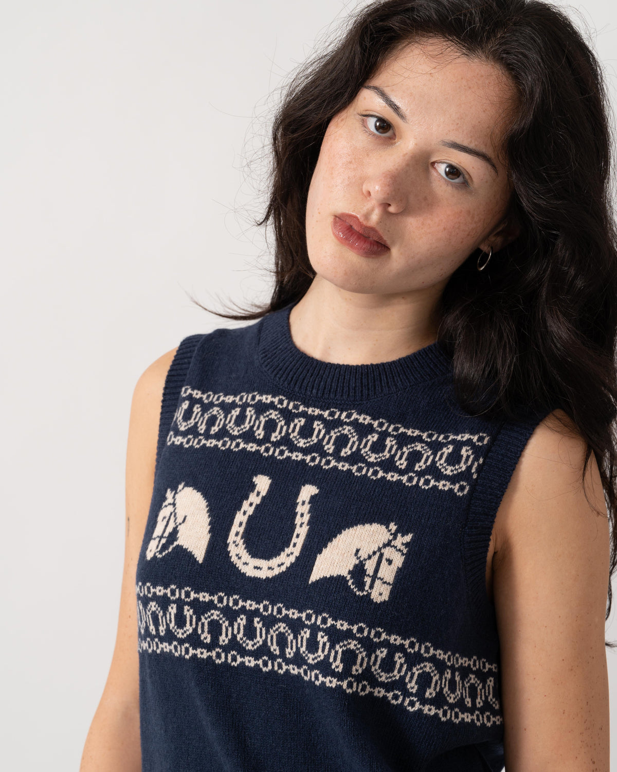 Collar detail of the Joules Horse Icon Womens Knit Tank Top - Navy