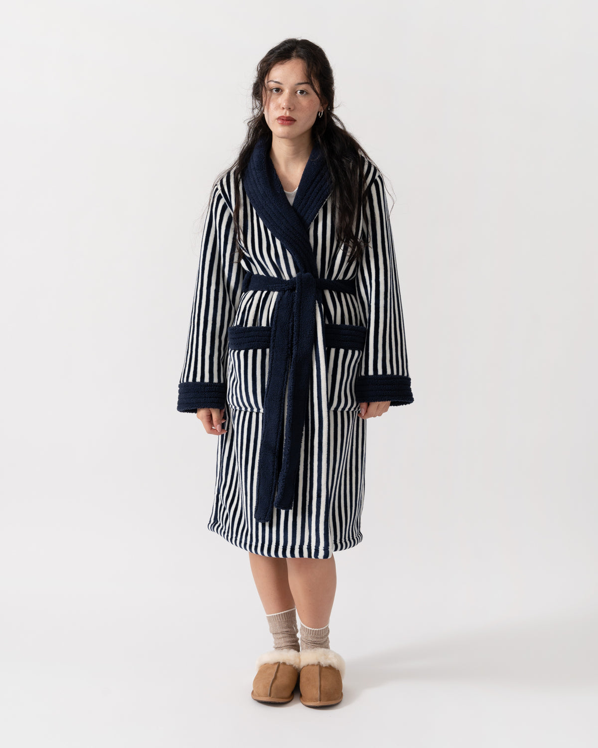 Model wearing Joules Matilda Womens Dressing Gown - Navy/Cream Stripe