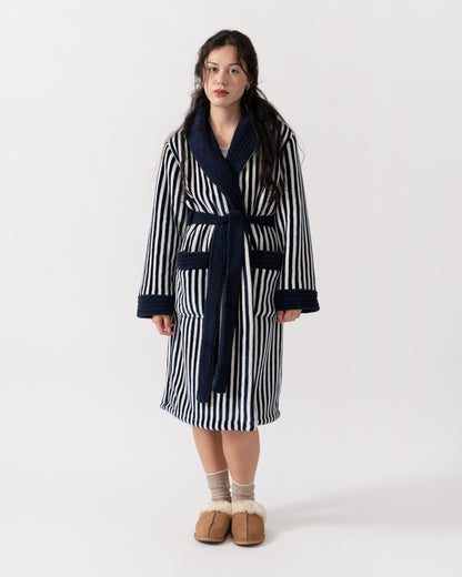Model wearing Joules Matilda Womens Dressing Gown - Navy/Cream Stripe