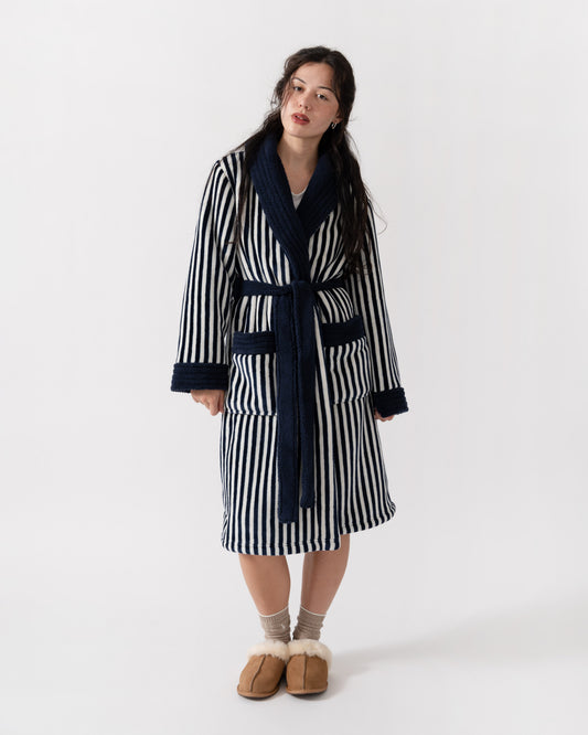 Front of Joules Matilda Womens Dressing Gown - Navy/Cream Stripe