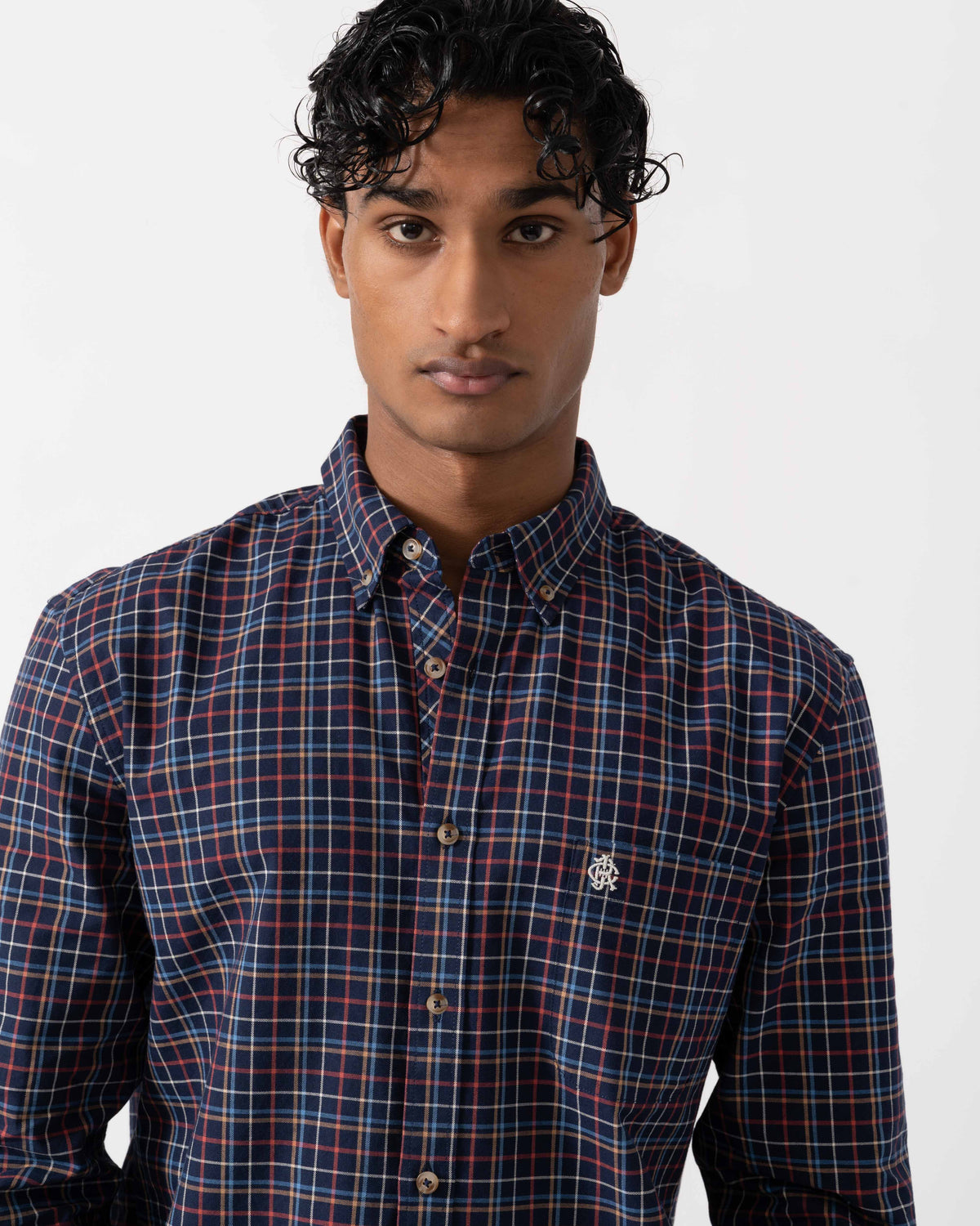 Close up of the Joules Mens Classic Fit Check Oxford Shirt - Navy