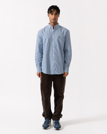 Man wearing the Joules Mens Classic Fit Gingham Oxford Shirt - Navy Check