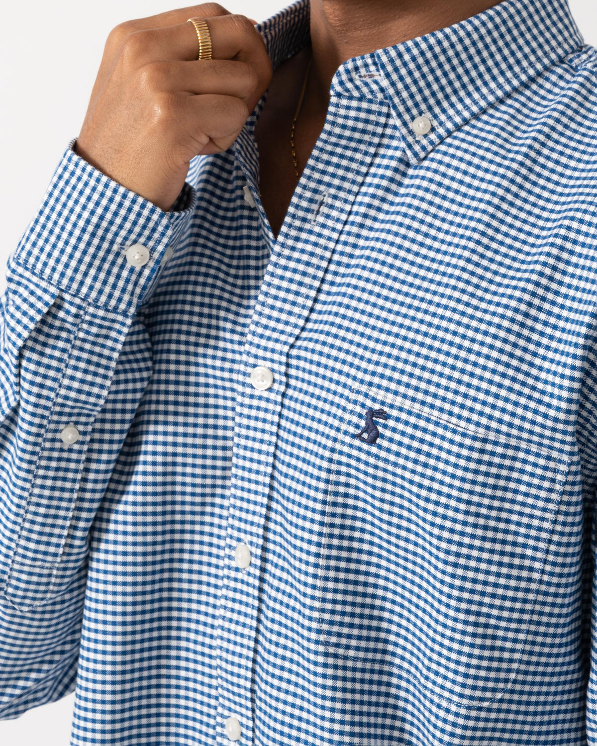 Close up of the Joules Mens Classic Fit Gingham Oxford Shirt - Navy Check