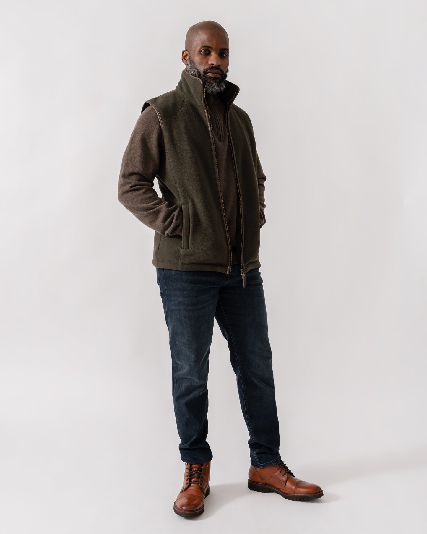 Model wearing Joules Mens Heritage Fleece Gilet in Green - Full Length