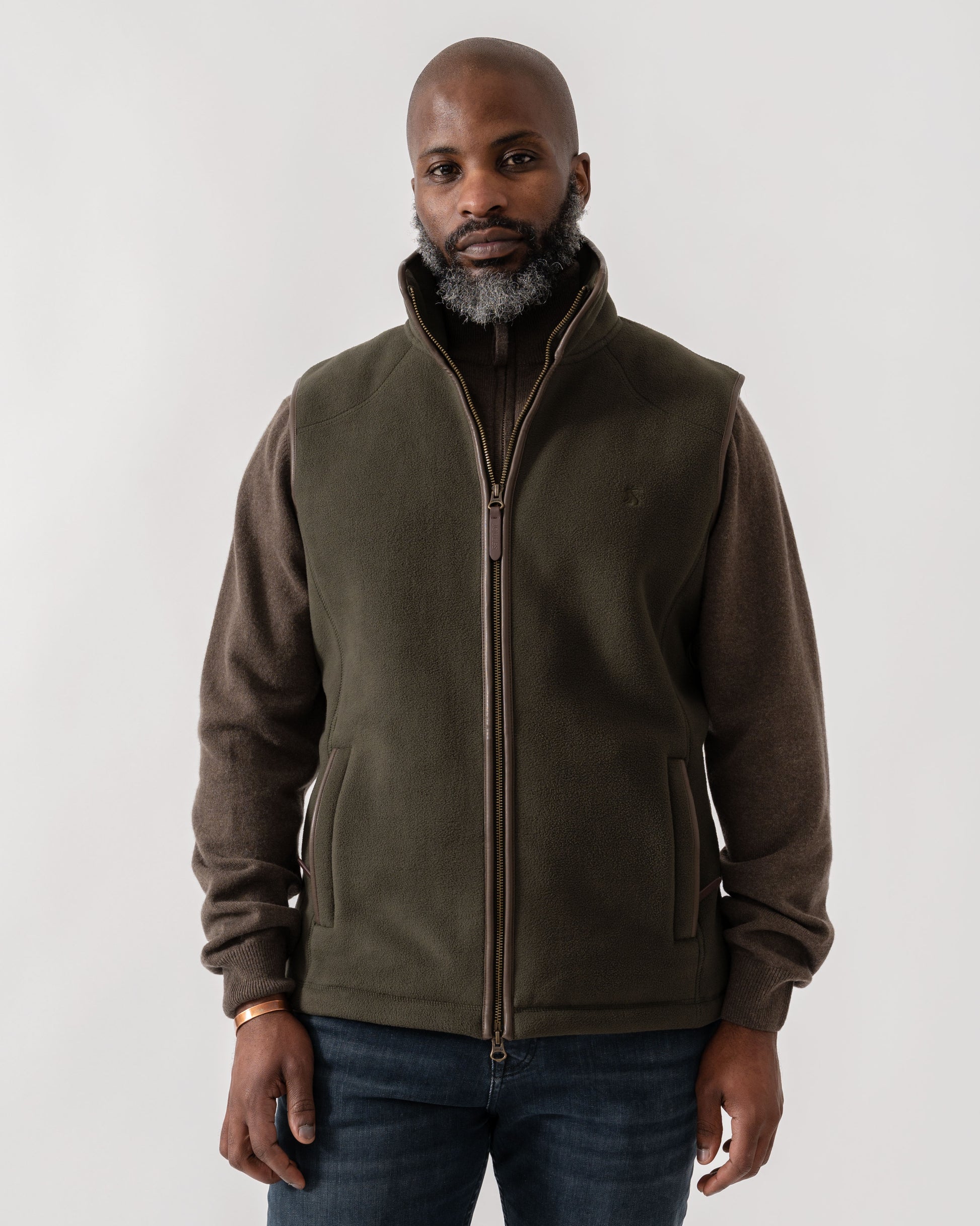 Model wearing Joules Mens Heritage Fleece Gilet in Green - Main