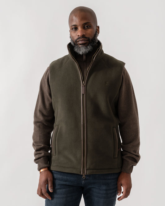 Model wearing Joules Mens Heritage Fleece Gilet in Green - Main