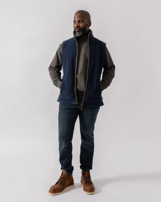 Model wearing Joules Mens Heritage Fleece Gilet in Navy - Full Length