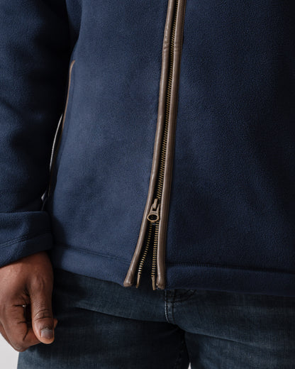 Model wearing Joules Mens Heritage Full Zip Fleece in Navy - Zip Detail